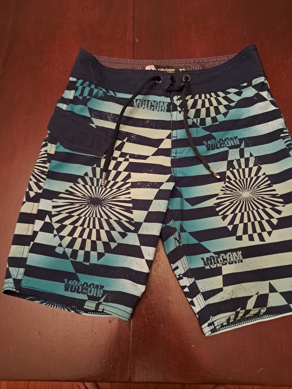Volcom Men’s Teal and Black Geometric Stripe Board Shorts